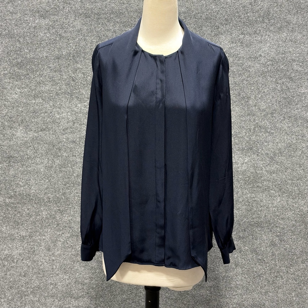 Ann Mashburn Blouse Womens M Blue 100% Silk Pleated Long Sleeve Button Front Top